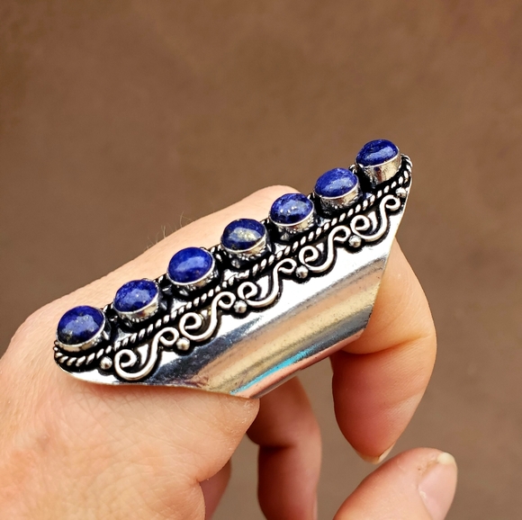 New 7 Stone Lapis Lazuli Adjustable Silver Statement Ring. - Picture 9 of 13